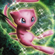 Mew glistens with sparkles in a forest.